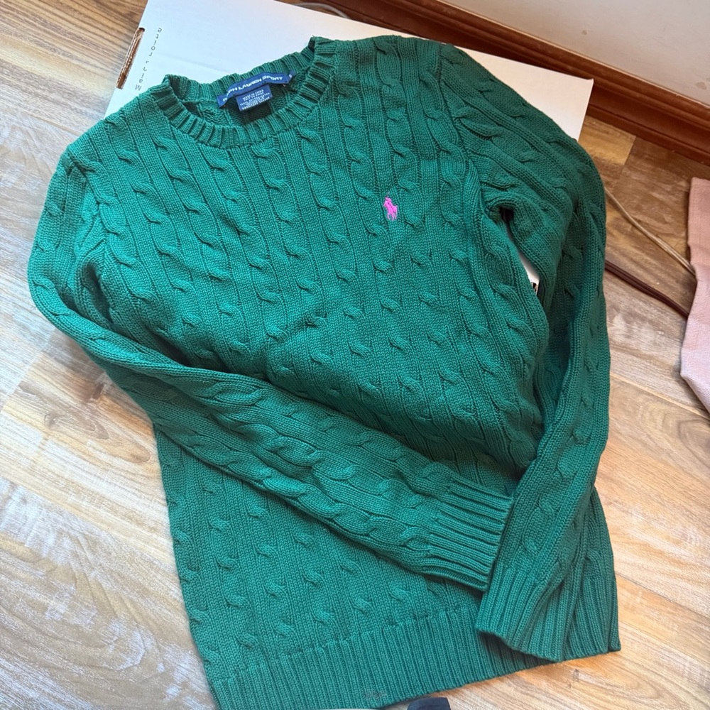 Ralph Lauren Emerald Green Cable-Knit Sweater with Pink Pony Logo
